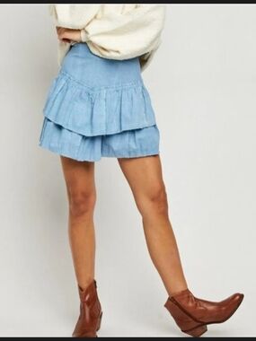 NWT Free People Ruffles in the Sand Denim Skirt Size 2
